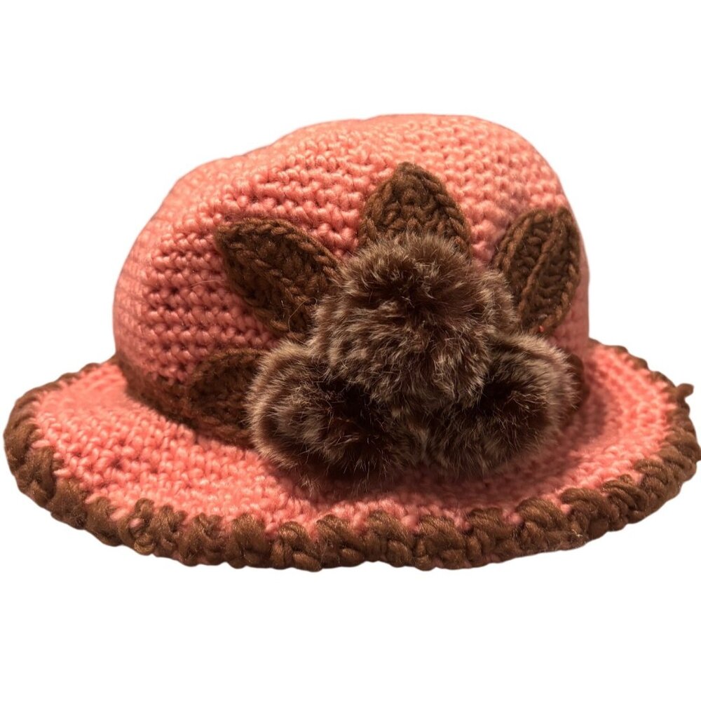 Handmade Crochet Pink Brown Hat With Faux Fur Pom Design Unique Accessory